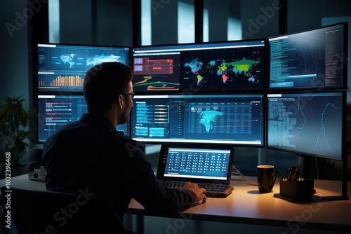 A professional analyzing cybersecurity data on multiple screens, with charts, graphs, and security alerts visible, emphasizing data protection and threat monitoring