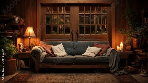 A rustic wooden door being opened in a cozy, well-lit living room, with soft furnishings and a welcoming atmosphere visible through the partially open door