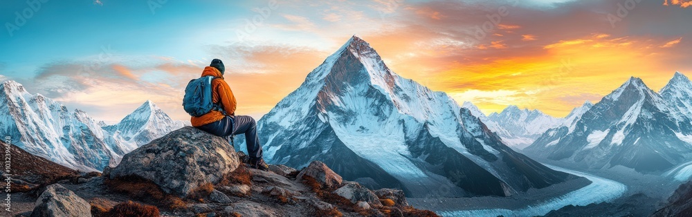 Fototapeta premium A lone hiker admires the majestic Himalayan peaks at sunset.