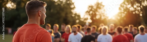 A coach addresses a team during sunset, emphasizing teamwork and motivation in a sports training session.