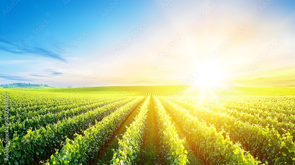 Stunning landscape of a picturesque vineyard with neat rows of lush green grapevines stretching out under a clear beautiful blue sky Stunning landscape of a picturesque vineyard with neat rows of lush green grapevines stretching out under a clear beautiful blue sky