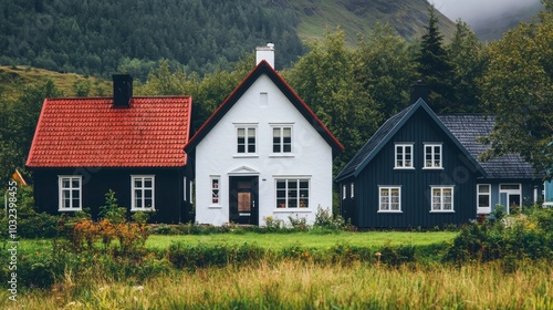 Wallpaper Mural A picturesque scene featuring three charming houses in a lush green landscape. Torontodigital.ca
