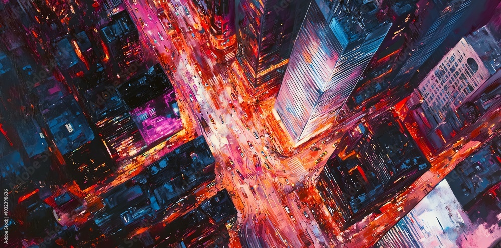 An aerial view of a city at night with brightly lit streets and buildings. An aerial view of a city at night with brightly lit streets and buildings.