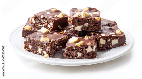 A plate of homemade holiday rocky road isolated on white background