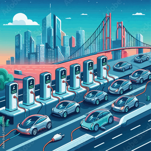 Cartoon cars lined up at charging stations along a futuristic city highway vector