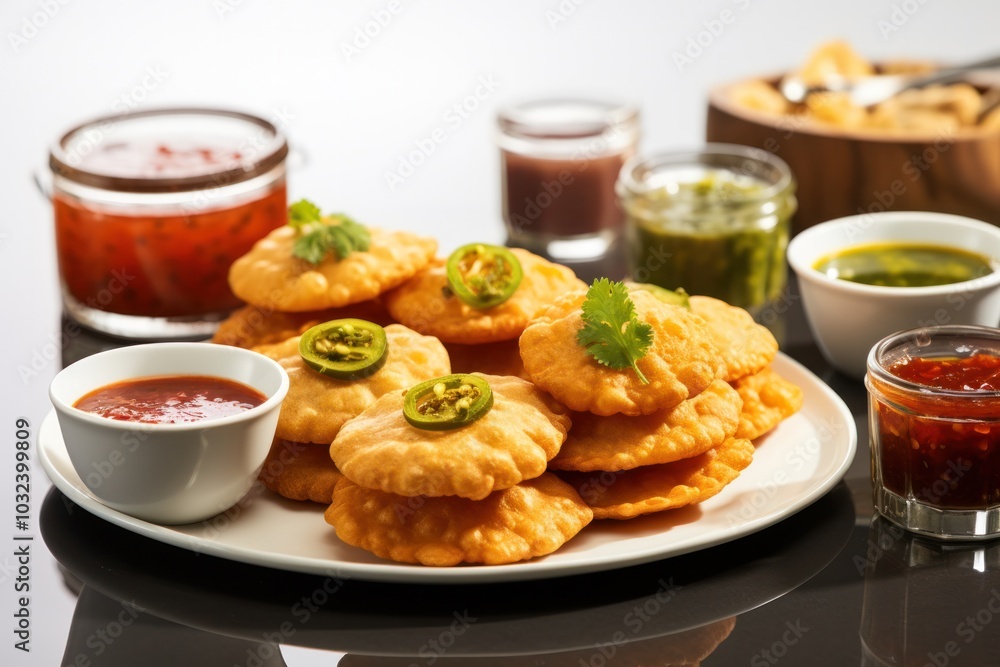 An assortment of kachoris with crisp golden layers, placed next to small bowls of chutneys, showcasing a contrast of colors on a white background An assortment of kachoris with crisp golden layers, placed next to small bowls of chutneys, showcasing a contrast of colors on a white background
