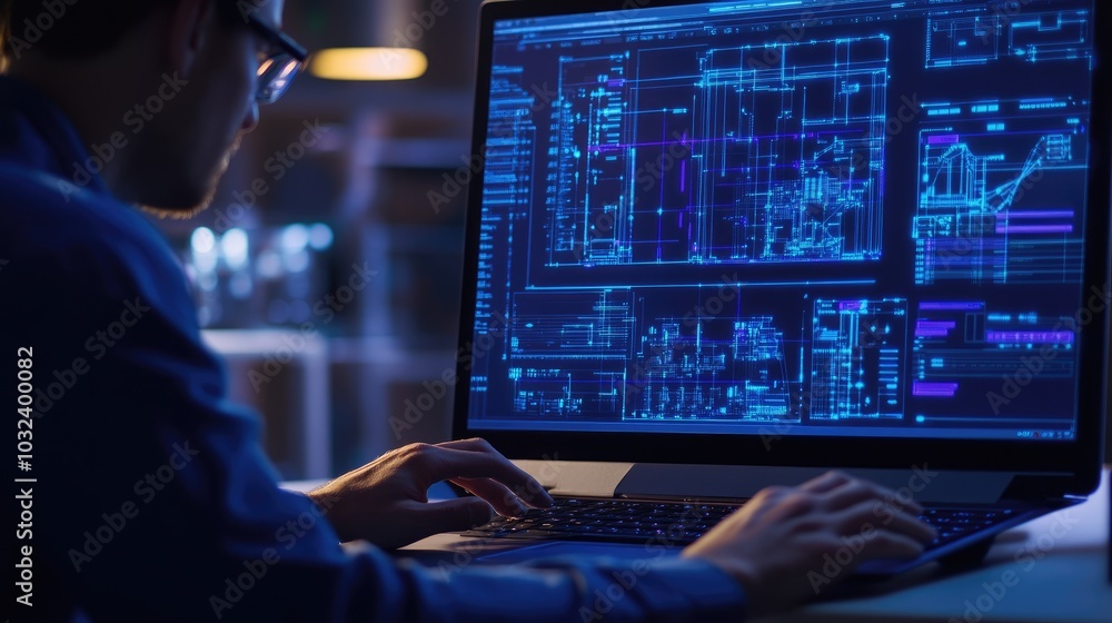 electrical engineer using laptop for design (close up, focus on, copy space) vibrant screen and interface, double exposure silhouette with CAD electrical engineer using laptop for design (close up, focus on, copy space) vibrant screen and interface, double exposure silhouette with CAD