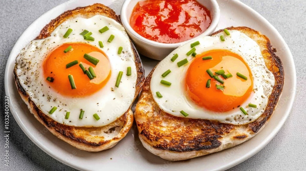 Delicious Fry Up with Eggs and Chives on Toast Delicious Fry Up with Eggs and Chives on Toast