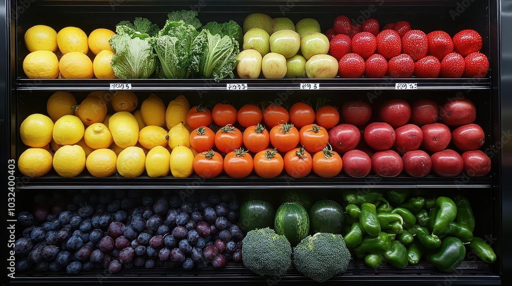 a colorful display of fresh fruits and vegetables in a supermarkets refrigerated shelf showcasing a vibrant array of produce promoting healthy eating choices a colorful display of fresh fruits and vegetables in a supermarkets refrigerated shelf showcasing a vibrant array of produce promoting healthy eating choices