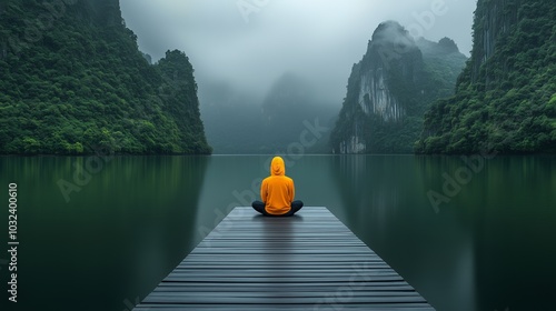 A person in a yellow jacket sits on a dock overlooking a lake. The scene is peaceful and serene, with the person looking out over the water