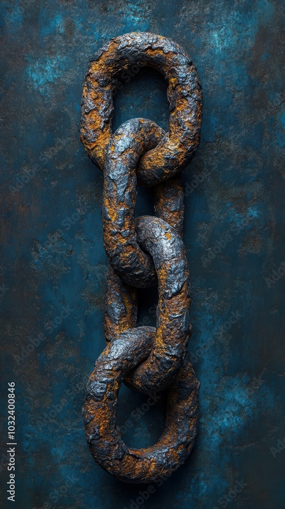 A series of weathered metal chain links hang vertically, showcasing their rust and texture. The deep blue background contrasts with the chains aged appearance, creating a striking visual effect in low
