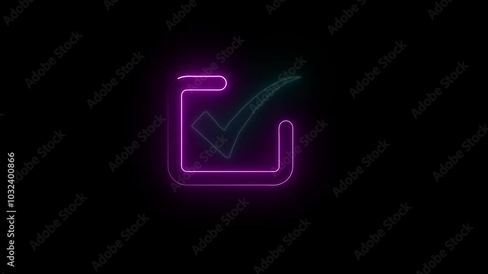 Neon tick mark icon animation glowing neon check mark and tick animated sign symbol on black background. Check mark animation. 4k video. Neon tick mark icon animation glowing neon check mark and tick animated sign symbol on black background. Check mark animation. 4k video.