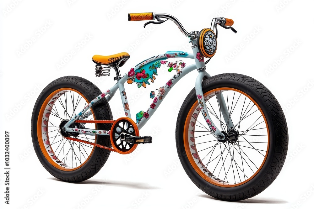 Fototapeta premium Retro-style bike with balloon tires, drawn with whimsical colors and floral patterns