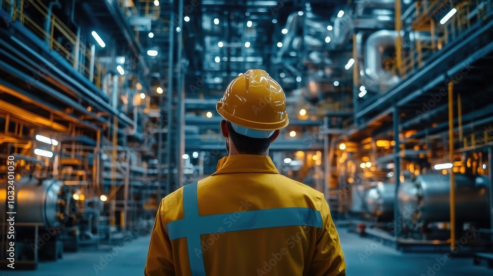 Engineer inspecting in industrial oil refinery, stand with back Industry 4.0 concept, Background blurred concept Engineer inspecting in industrial oil refinery, stand with back Industry 4.0 concept, Background blurred concept