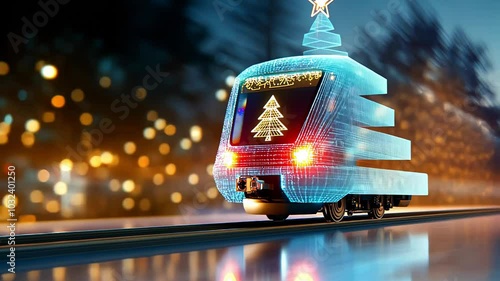 Festive Christmas Train with Lights and Christmas tree, transformations. Winter, Christmas and New Year scene.