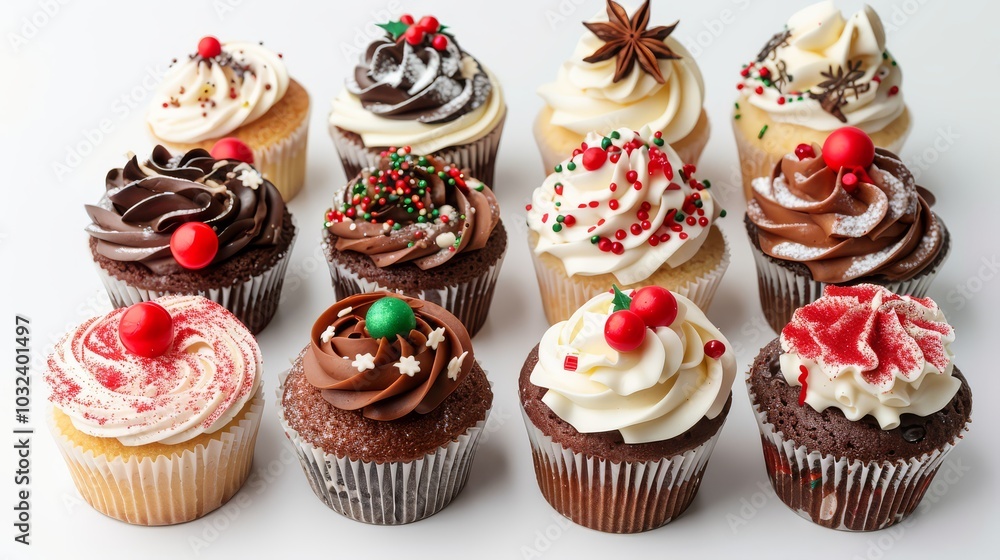 Twelve Festive Christmas Cupcakes on White Twelve Festive Christmas Cupcakes on White