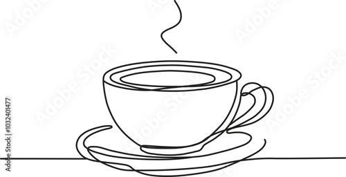 line drawing of cup of coffee or tea on saucer, transparent background, editable stroke