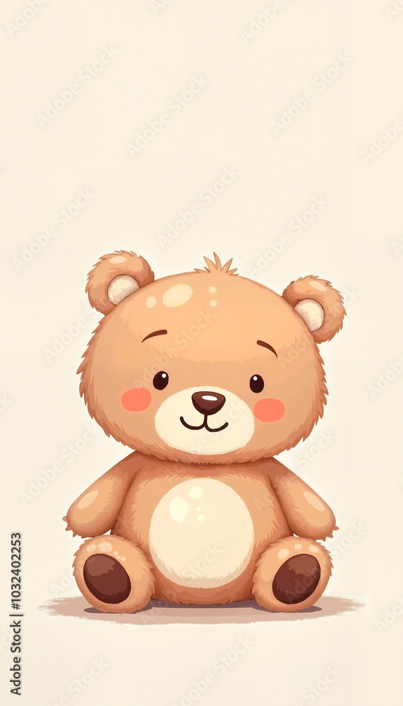 Obraz premium Cute cartoon teddy bear character with a friendly smile on soft beige background