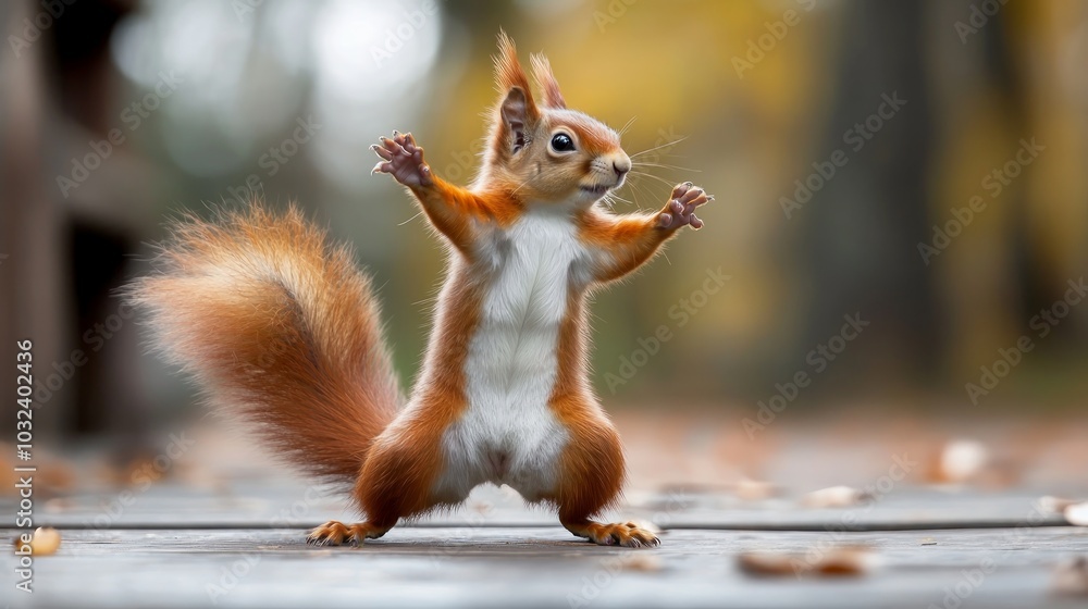 Fototapeta premium A playful squirrel stands upright on a wooden surface, showcasing its bushy tail and vibrant fur.