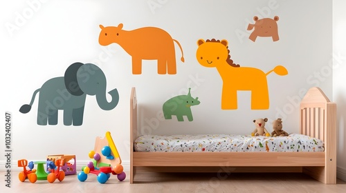 A joyful and whimsical children s room filled with vibrant colors a cozy wooden bed and charming animal themed wall decals photo