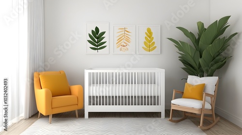 A bright and cheerful nursery with a cozy crib comfortable rocking chair and cute decorative artwork on the walls creating a serene and inviting environment for a newborn baby s room