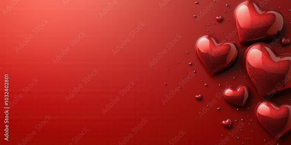 A collection of glossy red hearts of various sizes is artistically arranged against a vibrant red background, creating a romantic and visually striking effect ideal for celebrations, anniversaries, or A collection of glossy red hearts of various sizes is artistically arranged against a vibrant red background, creating a romantic and visually striking effect ideal for celebrations, anniversaries, or