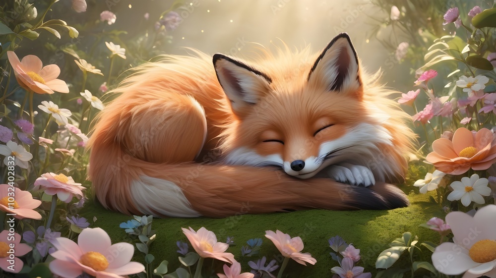 Fototapeta premium resting fox cub in a calm forest full of flowers