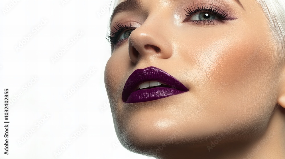Close-up of a woman's face, her lips are painted a dark purple. Close-up of a woman's face, her lips are painted a dark purple.