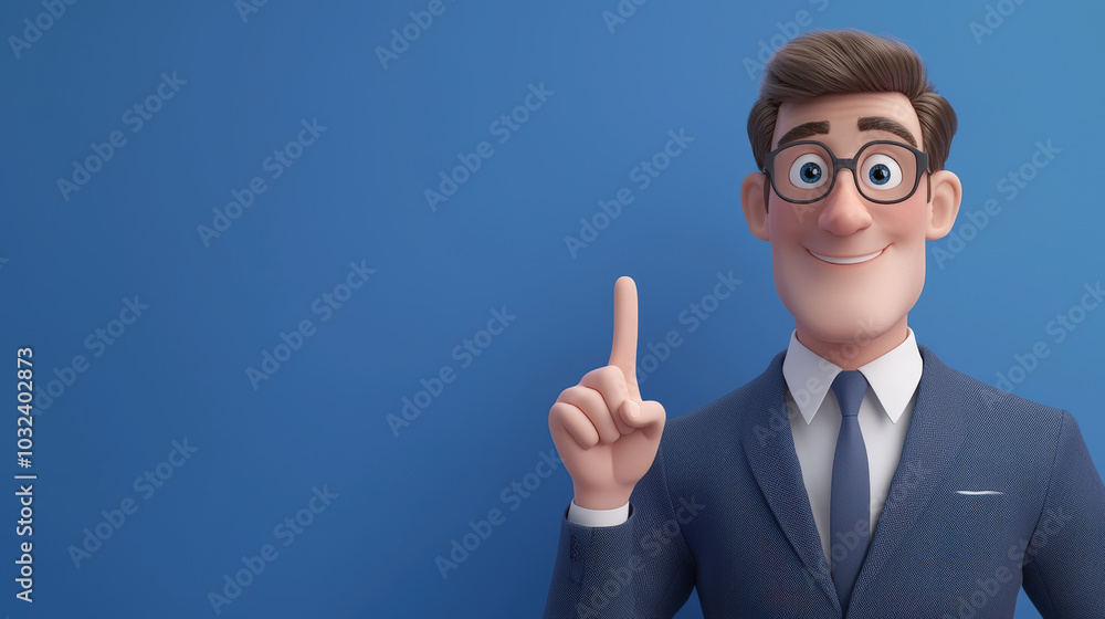 cheerful businessman in suit is smiling and raising one finger against blue background, conveying sense of positivity and confidence cheerful businessman in suit is smiling and raising one finger against blue background, conveying sense of positivity and confidence