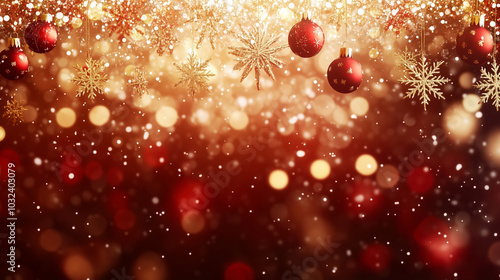 The image is a festive background with red and gold Christmas ornaments and snowflakes The ornaments are hanging from strings and are adorned with gold glitter The snowflakes are also