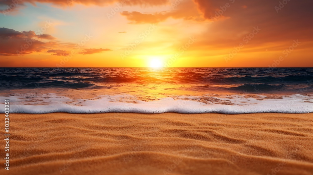 Stunning golden hour beach scene with calm tranquil waves and a bright sun setting on the serene horizon Peaceful idyllic landscape perfect for travel tourism or relaxation concepts Stunning golden hour beach scene with calm tranquil waves and a bright sun setting on the serene horizon Peaceful idyllic landscape perfect for travel tourism or relaxation concepts