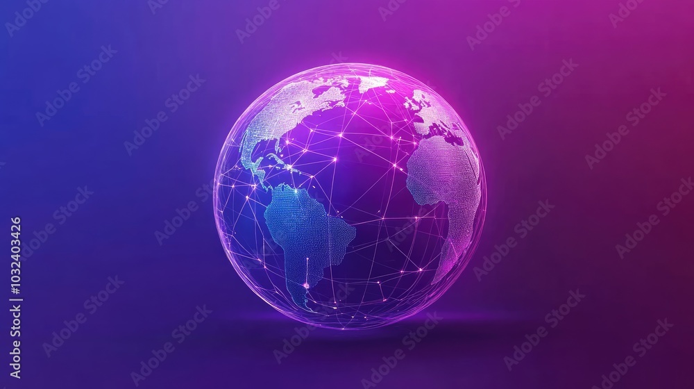 Holographic globe with network nodes, world connection, international business