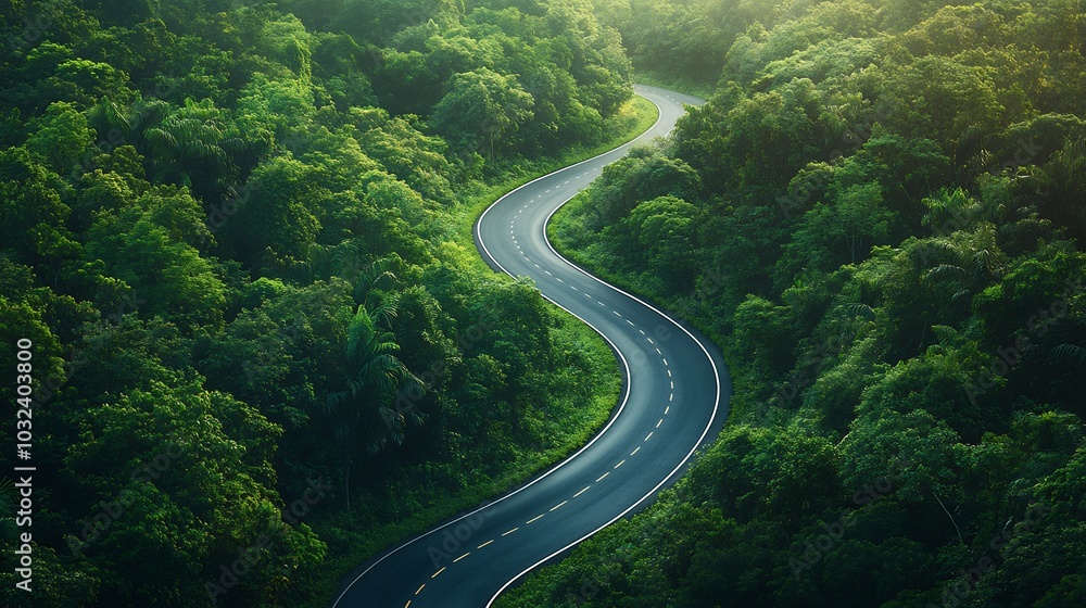 Generative AI view of asphalt road meandering through a dense healthy rainforest emphasizing environmental conservation nature's ecosystem and the importance of a green economy for Earth Day Generative AI view of asphalt road meandering through a dense healthy rainforest emphasizing environmental conservation nature's ecosystem and the importance of a green economy for Earth Day