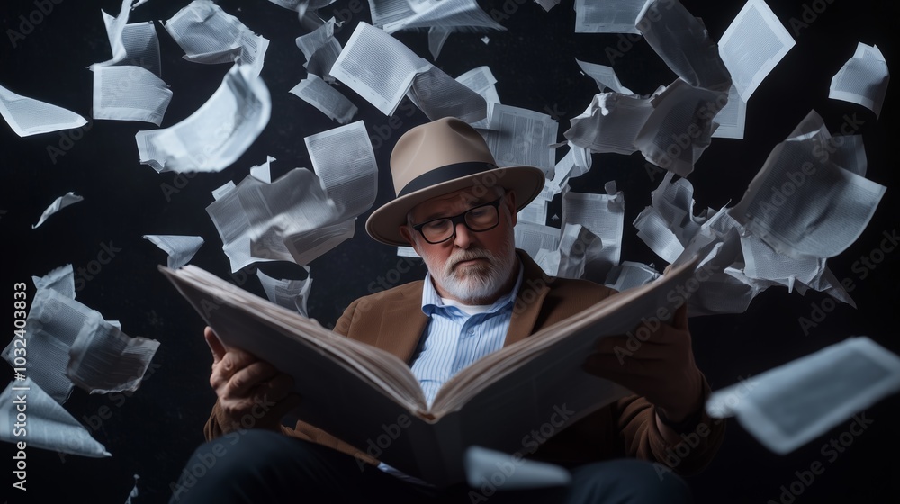 Obraz premium An elderly man in a hat immersed in a book as pages swirl around him in a dark, dramatic setting