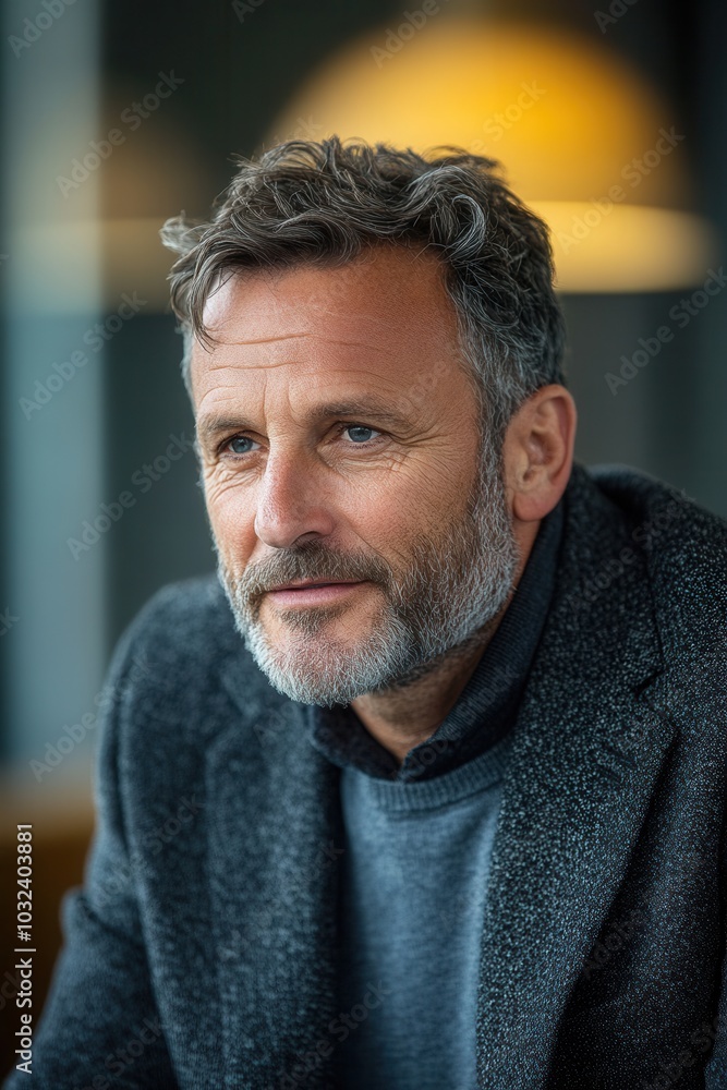 Obraz premium The image depicts a stylish mature man in a dark tweed jacket. He sits calmly, emanating wisdom and introspection in softened light, adding depth to his thoughtful expression.