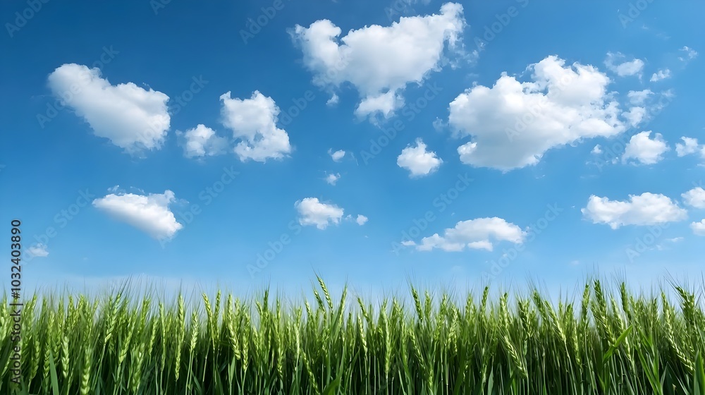 Serene summer wheat field swaying gently in the wind with a clear blue sky and puffy white clouds overhead creating a peaceful and picturesque rural landscape scene Serene summer wheat field swaying gently in the wind with a clear blue sky and puffy white clouds overhead creating a peaceful and picturesque rural landscape scene