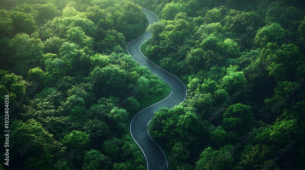 Generative AI view of asphalt road meandering through a dense healthy rainforest emphasizing environmental conservation nature's ecosystem and the importance of a green economy for Earth Day Generative AI view of asphalt road meandering through a dense healthy rainforest emphasizing environmental conservation nature's ecosystem and the importance of a green economy for Earth Day