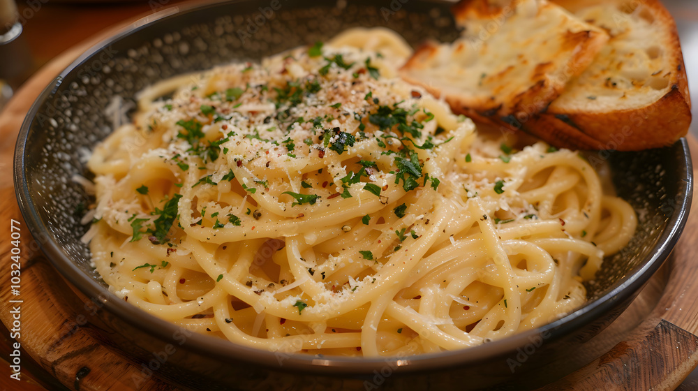 Spaghetti carbonara in a bowl with garlic bread on the side Spaghetti carbonara in a bowl with garlic bread on the side