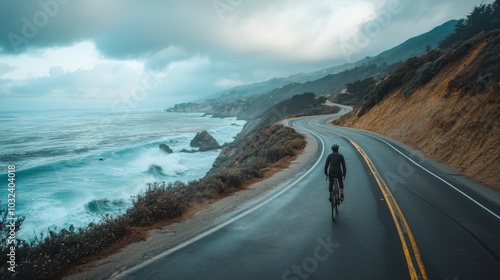 A traveler riding a bicycle along a scenic coastal road. Cycling adventure