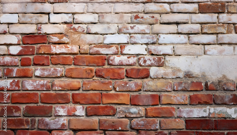 Obraz premium vintage brick wall with uneven, worn bricks in shades of red and brown, showing peeling