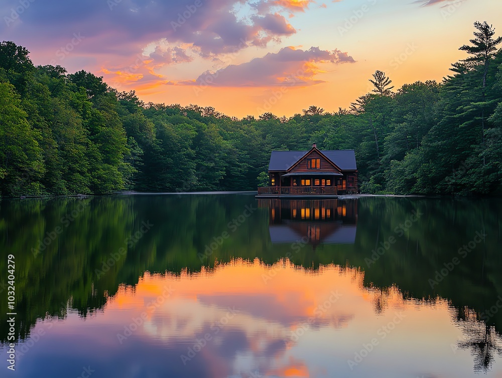 Fototapeta premium A cabin sits on a lake, surrounded by trees, as the sun sets casting reflections in the water.