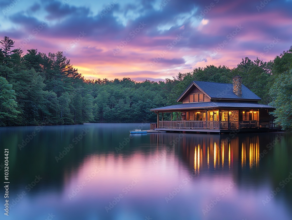 A wooden cabin sits on a lake at sunset, with a colorful sky and reflections in the water. A wooden cabin sits on a lake at sunset, with a colorful sky and reflections in the water.