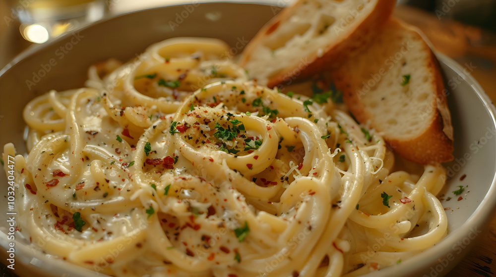Spaghetti carbonara in a bowl with garlic bread on the side Spaghetti carbonara in a bowl with garlic bread on the side