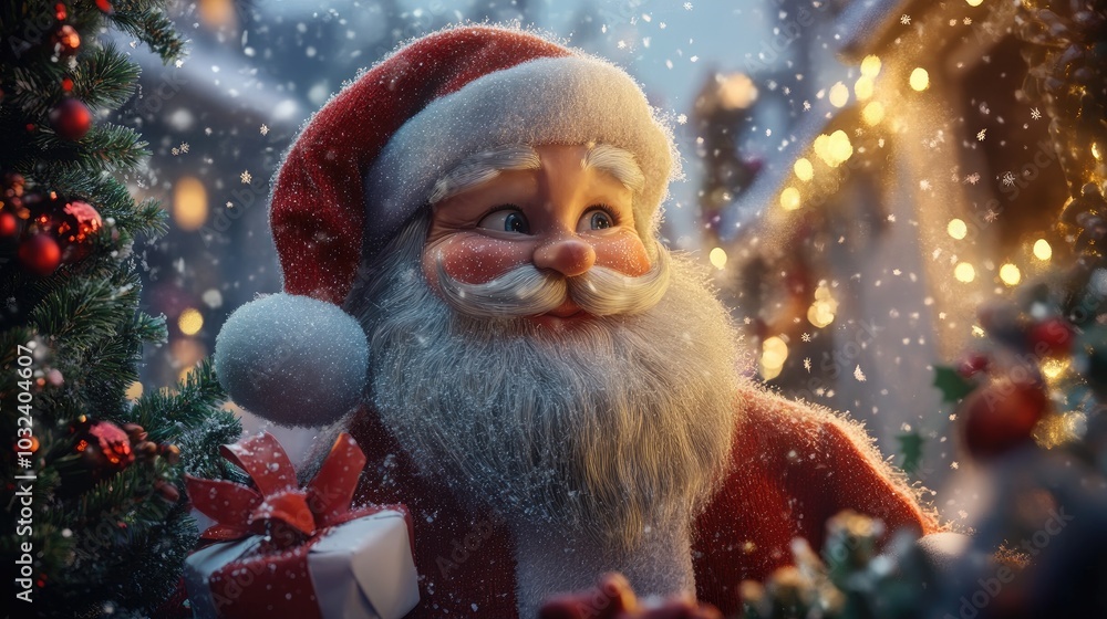 santacros with snowflakes, gifts and mistletoes, the scene should be on the side and use the colors of Christmas santacros with snowflakes, gifts and mistletoes, the scene should be on the side and use the colors of Christmas