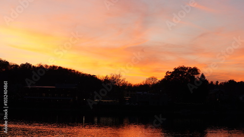 The beautiful sunset view with the colorful sky and river as background in a little USA town 