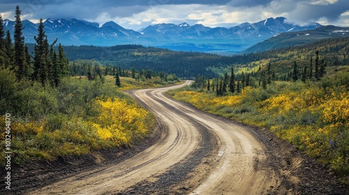 Winding Dirt Road Through Alaskan Mountains with Autumn Foliage