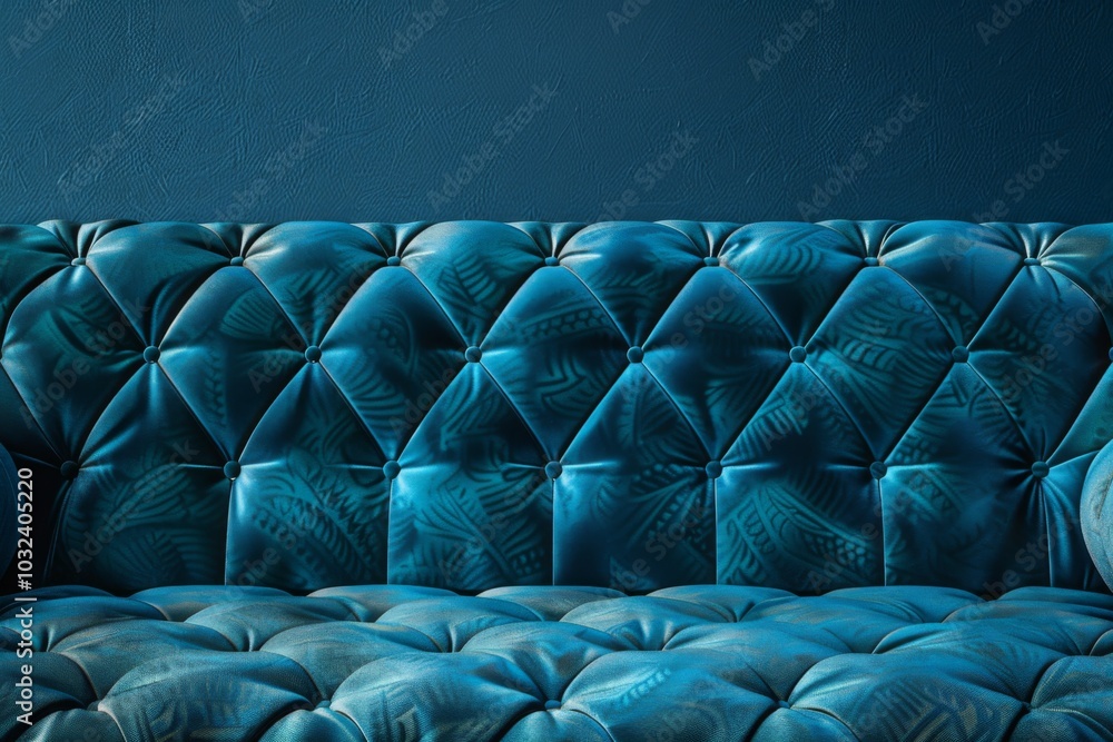 Fototapeta premium Minimalist interior design of modern living room. Stylish teal sofa against blank stucco wall with copy space