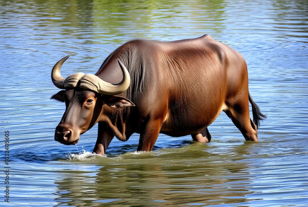A water buffalo wading through shallow water A water buffalo wading through shallow water