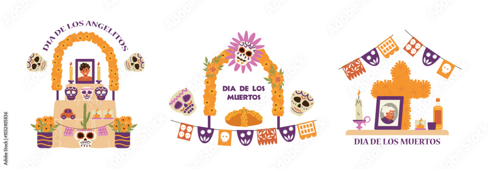 Funeral altar compositions vector set, sugar skulls with portrait, bread, candles, marigolds, Mexican Dia de los muertos Funeral altar compositions vector set, sugar skulls with portrait, bread, candles, marigolds, Mexican Dia de los muertos