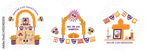 Funeral altar compositions vector set, sugar skulls with portrait, bread, candles, marigolds, Mexican Dia de los muertos